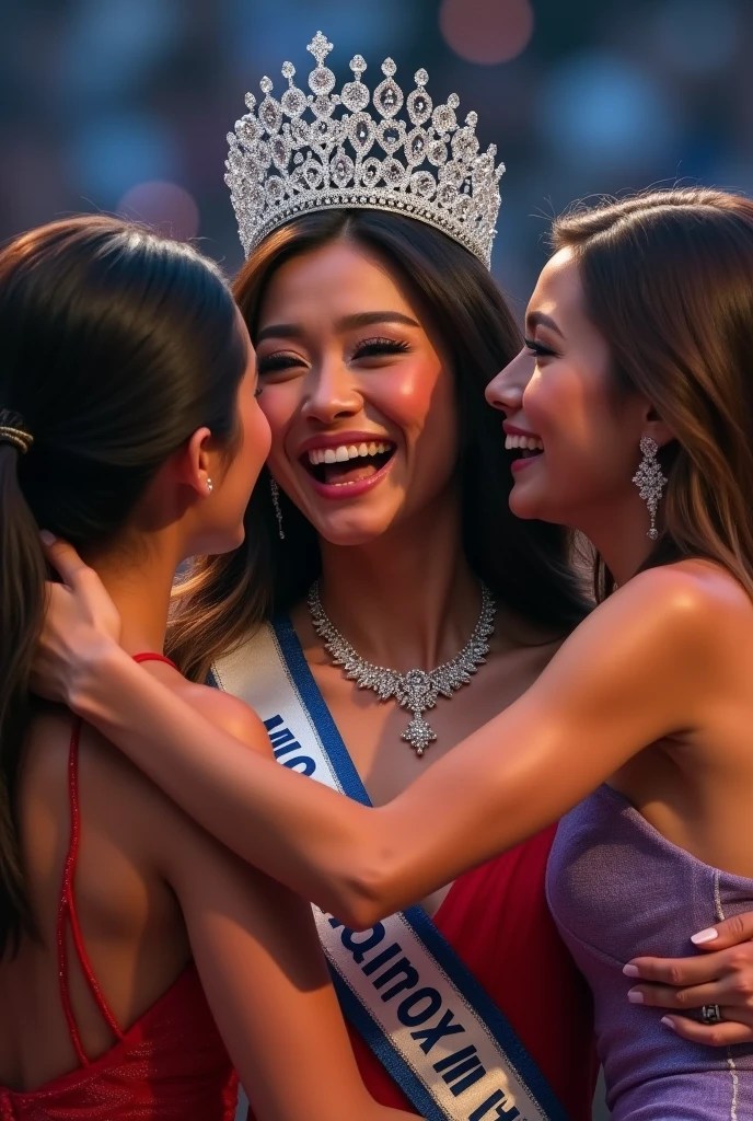 Miss Indonesia cry because win Miss universe little with sash and crown and get hug from other participant
Tearfully
