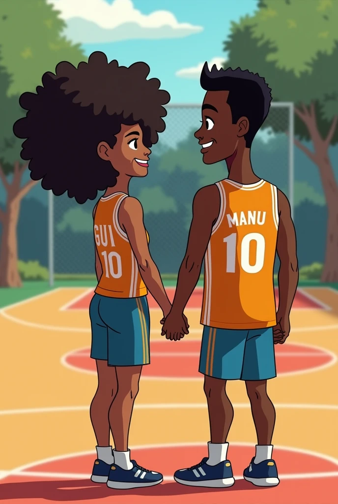 A brown couple holding hands with silver rings, the woman has black afro hair, is wearing a team jersey with the name "GUI" in back, she is shorter than the man and thin, she doesn&#39;t play.
The man has medium length twist hair, ele is wearing a team jersey with the name "manu" in back com o número 10, He is taller than the woman.
They are on a basketball court. Adventure time cartoon template 