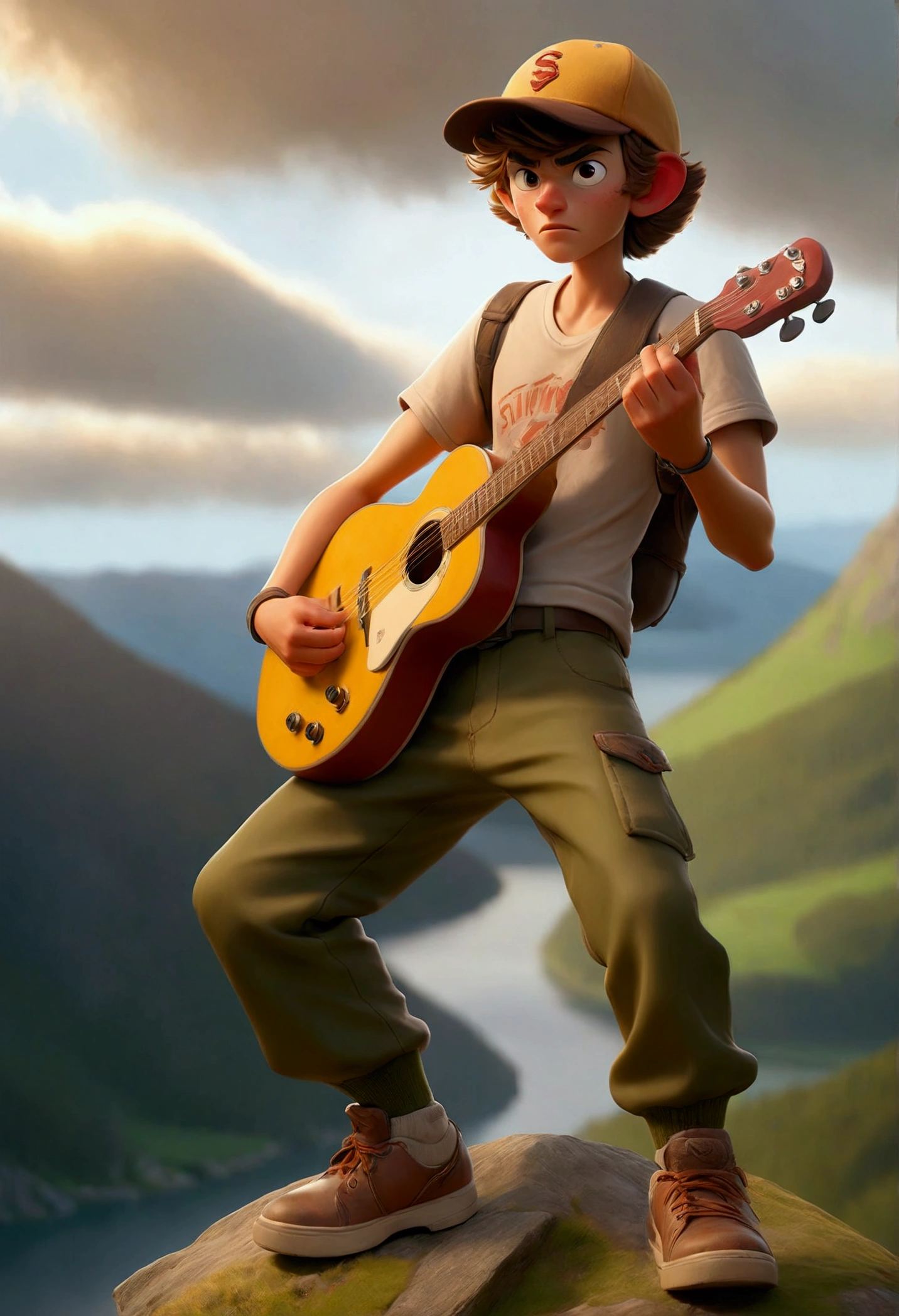 a young man wearing a t-shirt that says 'SiMus', baseball cap, cargo trousers, boat shoes, playing electric guitar, like a pro, standing on top of a mountain, lake below, dramatic lighting, realistic, detailed, cinematic, epic landscape, fog, golden time, warm colours, bright, highly detailed