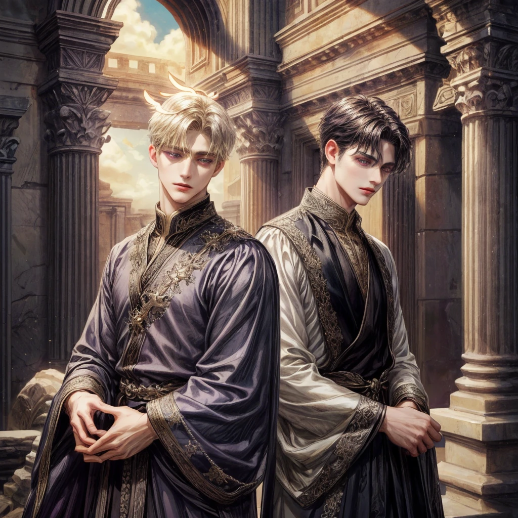 A man with dark medium hair, dark purple eyes, , have a dark wings, wear an ancient clothes, and wear a dark halo
And another man with blonde short hair, silver eyes long lashes, have angels wings, wear an ancient clothes and wear a angels halo
Couples