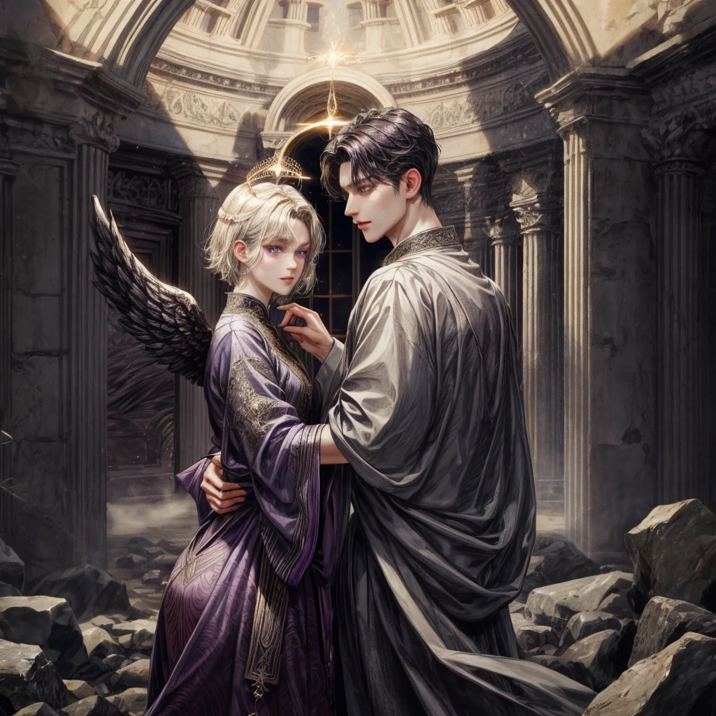 A man with dark medium hair, dark purple eyes, , have a dark wings, wear an ancient clothes, and wear a dark halo
And another man with blonde short hair, silver eyes long lashes, have angels wings, wear an ancient clothes and wear a angels halo
Couples