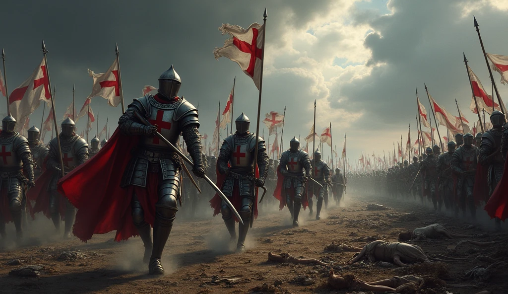 A fierce battle scene with Templar knights charging towards the enemy on a vast battlefield. The sky is dark with storm clouds, and the ground is littered with debris from the battle. The knights are shown in action, their swords raised, banners flying, and the iconic red cross visible on their armor