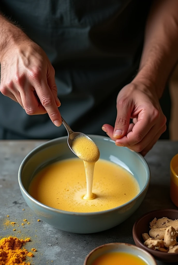 Man mixing very less milk with more ginger powder in bowl with spoon now showing man body only mixing of paste showing and taking pic from up
