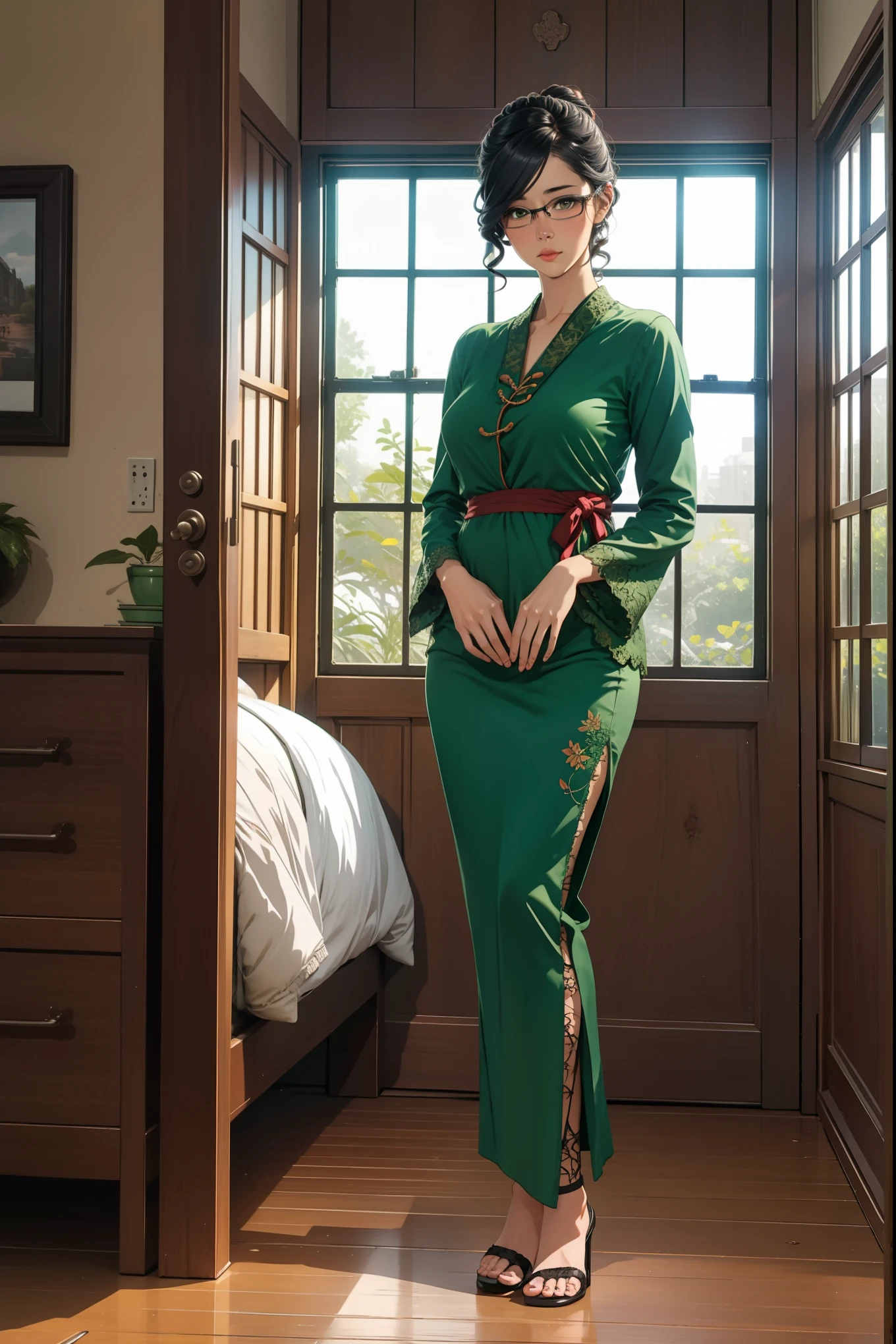 1 girl, black updo hair, glasses, tall girl, large breast, wearing traditional green  lace kebaya , standing, inside bedroom, fullbody shot,, curios face, detail eyes, detail face, blushing, standing on floor, 