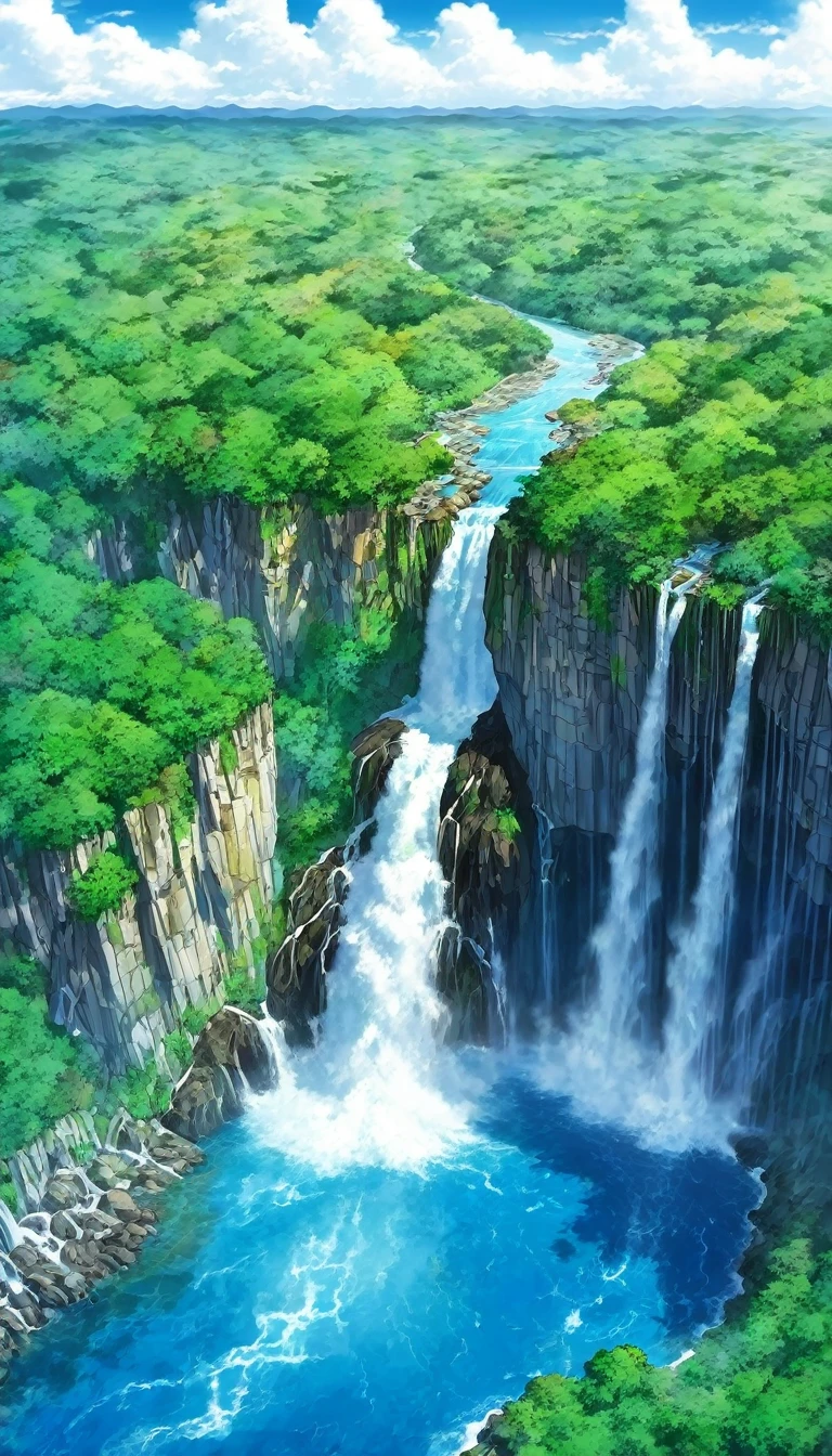 A view as if taken by a drone Vast views cliff ところどころ岩肌が見えるcliff There is a flow of water Big waterfall Beautiful picture Exquisite illustrations wonderful