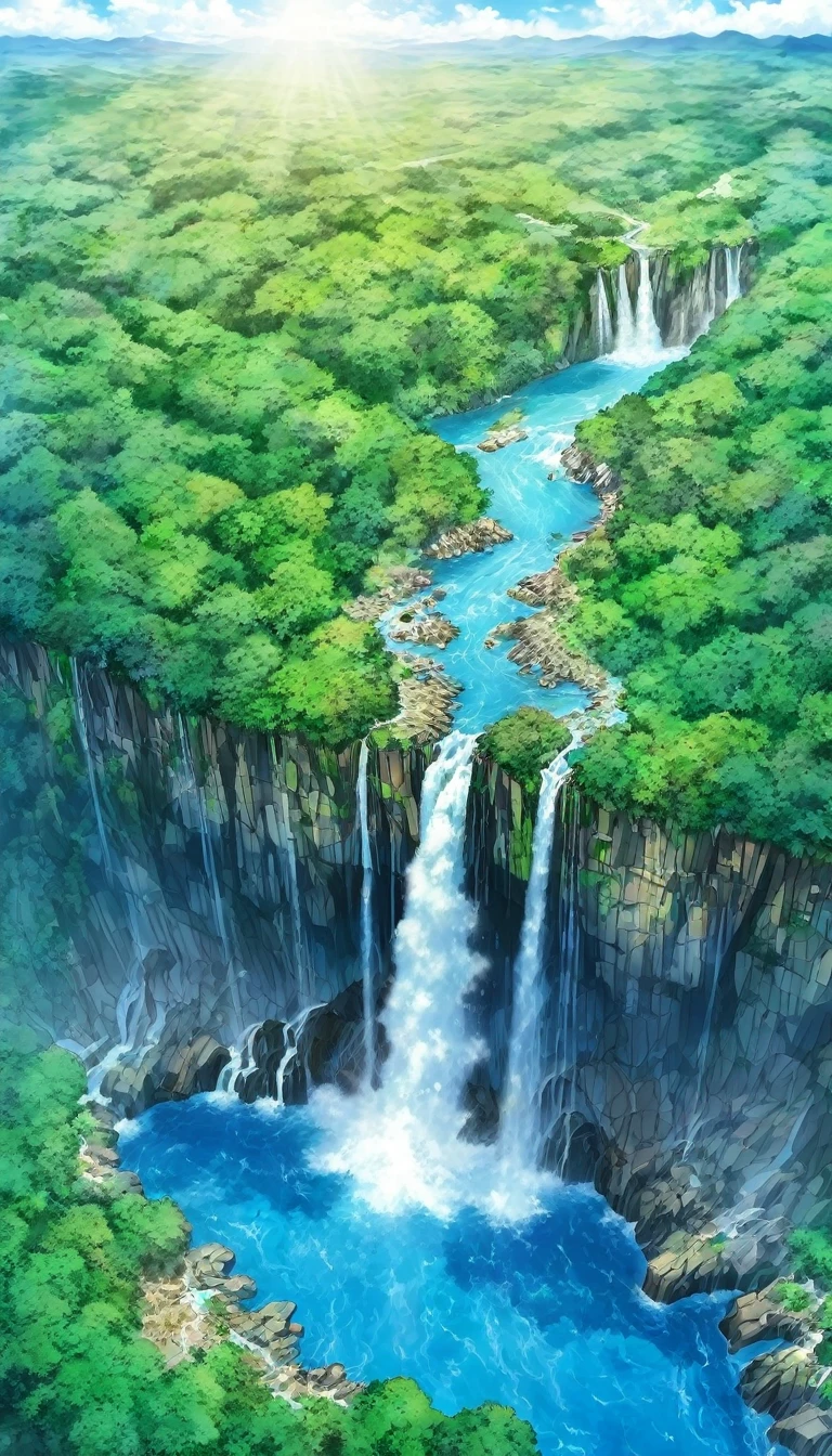 A view as if taken by a drone Vast views cliff ところどころ岩肌が見えるcliff There is a flow of water Big waterfall Beautiful picture Exquisite illustrations wonderful