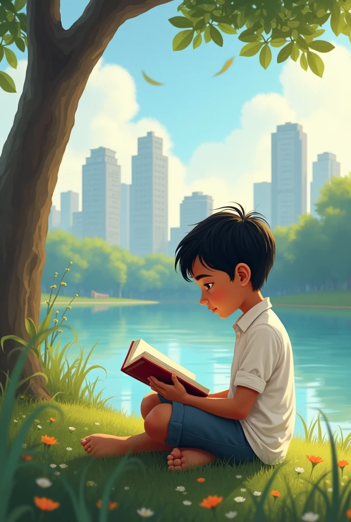 "An 1 Indian boy with a healthy, gentle face, sitting on the bank of a river just outside a city. He has short hair, is wearing a simple white shirt, and his face is soft and warm rather than sharp. The boy is deeply absorbed in reading a book, surrounded by the calm and natural environment of the riverbank. The city's skyline is visible in the background, contrasting the tranquility of nature with the urban landscape. The scene reflects a peaceful moment of introspection."