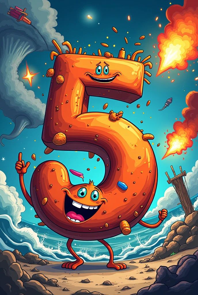 make the insidd number "5" creative with many natural disasters in it (cartoony edition)