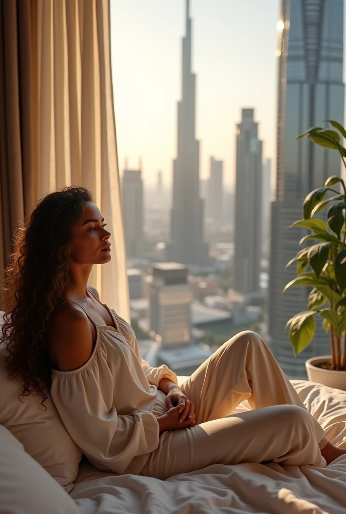 **"A photorealistic scene of a beautiful woman sitting on a bed in a luxurious high-rise apartment in the Burj Khalifa. She’s wearing a loose off-shoulder top and pajama pants, with long curly hair cascading around her. The room features soft, warm lighting and is decorated with elegant furnishings and indoor plants. Through the large windows, the expansive cityscape of Dubai is visible, with the iconic Burj Khalifa towering above the bustling city. Capture the intricate details of her relaxed pose and the contrast between the cozy indoor space and the vibrant city lights outside."**