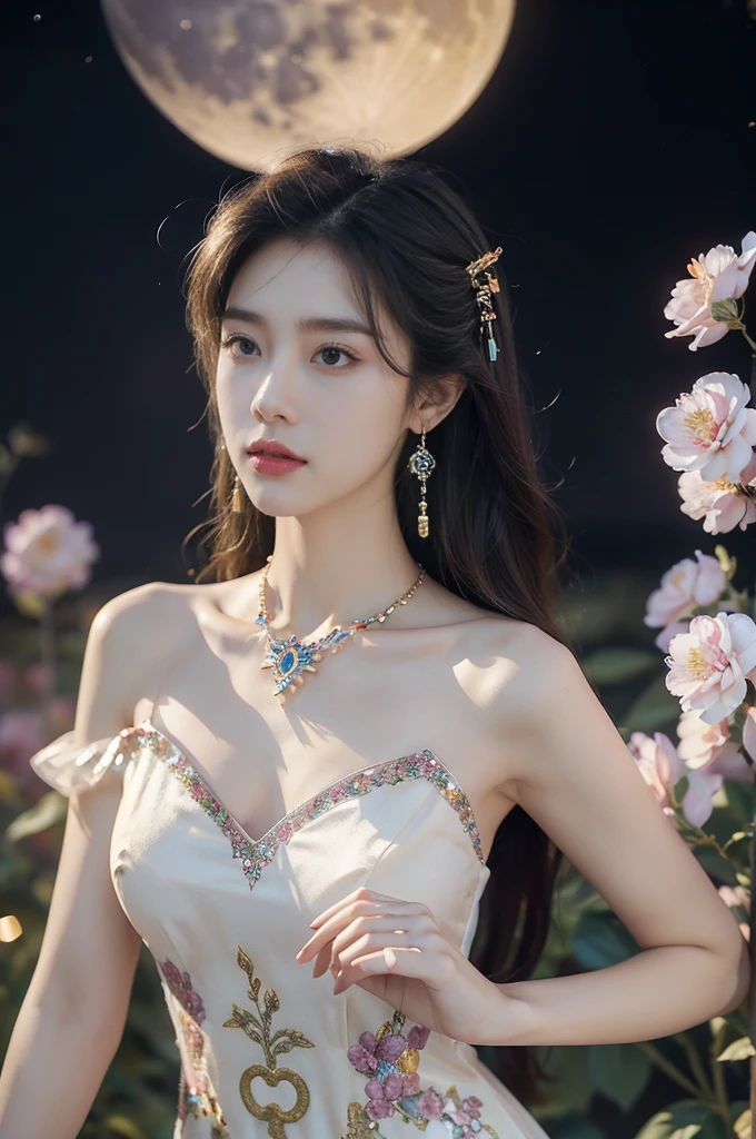 (((best quality))),(((ultra detailed))),(((masterpiece))),illustration,((1 beautiful girl,solo)),(long straight bob:0.8),((earrings,crystal necklace)),((slim,thin)),((small breasts,flat chest)),(stockings:1.3),(a gigantic moon in the clear night sky as the background:1.3), gentle glow,(Standing in the world full of vibrant flowers:1.3),(gorgeous sheer Chinese dress:1.3),sparkling eyes,graceful,(surrounded by colorful flowers:1.5), kaleidoscope, shimmer,bright moonlight, delicate petals, fragrance, otherworldly, magical realm, enchantment, tranquility, essence of beauty, peace,(outdoor:1.),(night scene:1.3),((from front,upper body))