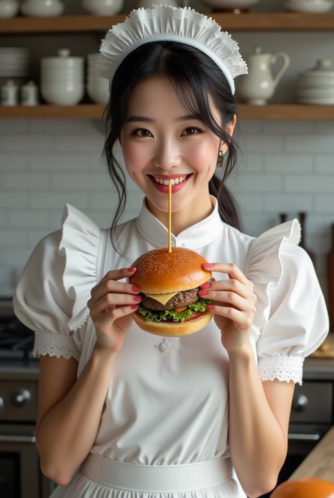 araffed asian woman in a white uniform eating a hamburger, gorgeous maid, in the kitchen, help me, japanese model, japanese, wearing maid uniform, maid, sakimichan, , maid outfit, in a kitchen, sexy girl, asian, yummy, asian girl, japanese goddess, beautiful asian girl, ayami, dressed as a pastry chef