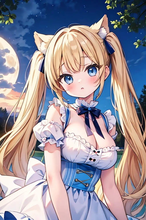 Blonde with blue eyes、Lolita、Large Breasts、Twin tails、Girl Brat,Large Breasts,Cute eyes,Puffy eyes,１Animal Pomeranian,Beauty under the moon,flower,