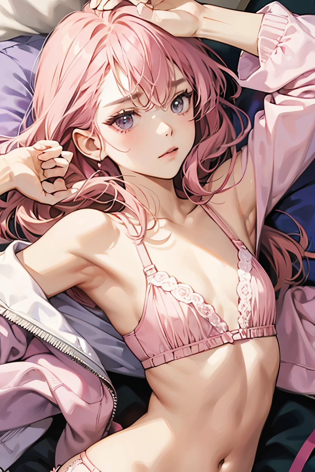 Flat Chest、Pink Bra、Pink Panties、Sullen face、whole body、upright