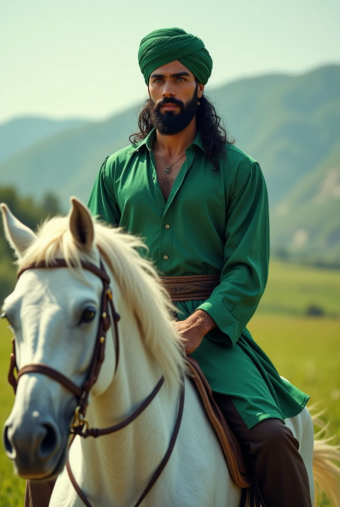 A gentle young man is riding a white horse ,black long hair , blue eyes , triangle , healthy body, healthy face , big eyes with black beard white face green turban on head , beautiful green dress close shirt close .