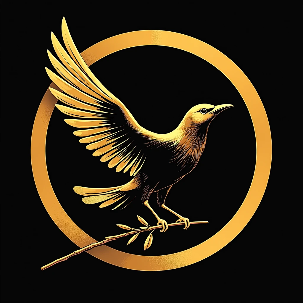 a stylized depiction of a mockingjay bird in flight, often encircled by a gold or black ring. The mockingjay is usually shown with its wings spread, and it may be clutching an olive branch. The logo’s color scheme often includes gold, black, or white, reflecting a sleek and bold design that captures the themes of rebellion and survival present in the series.
