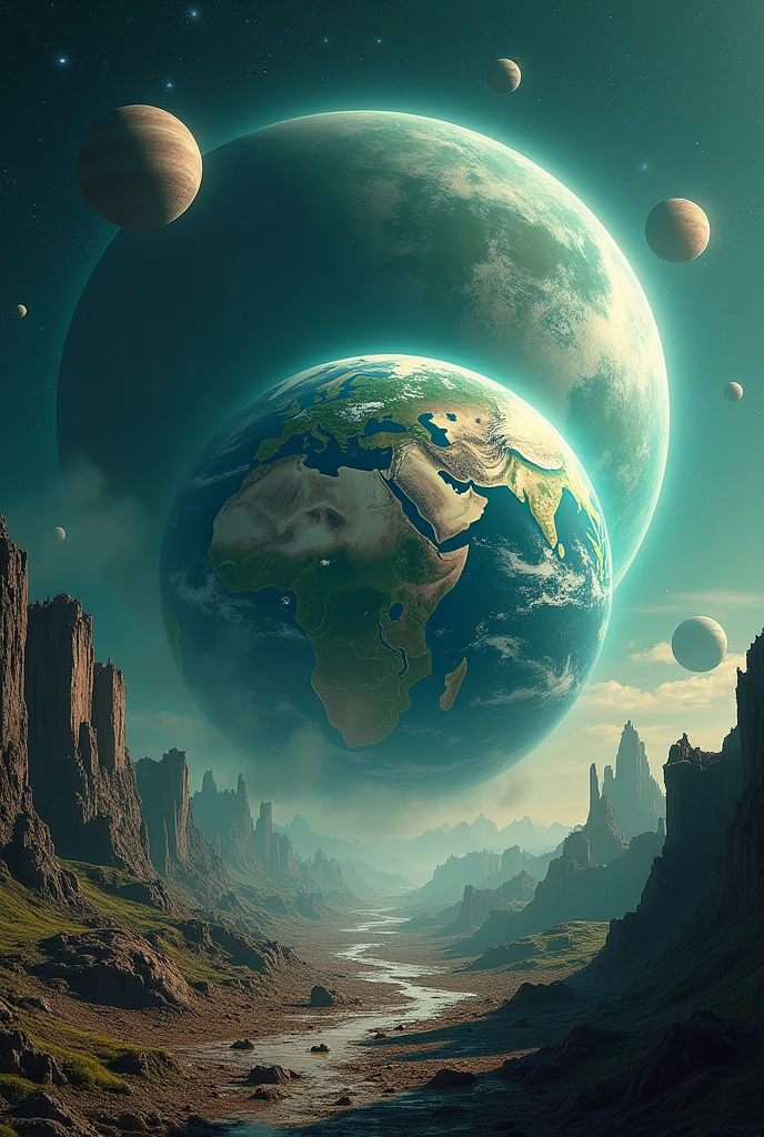 View of the Earth but with several planets and moons closer to the Earth than normal, but planet Earth was devastated like a zombie apocalypse, half destroyed