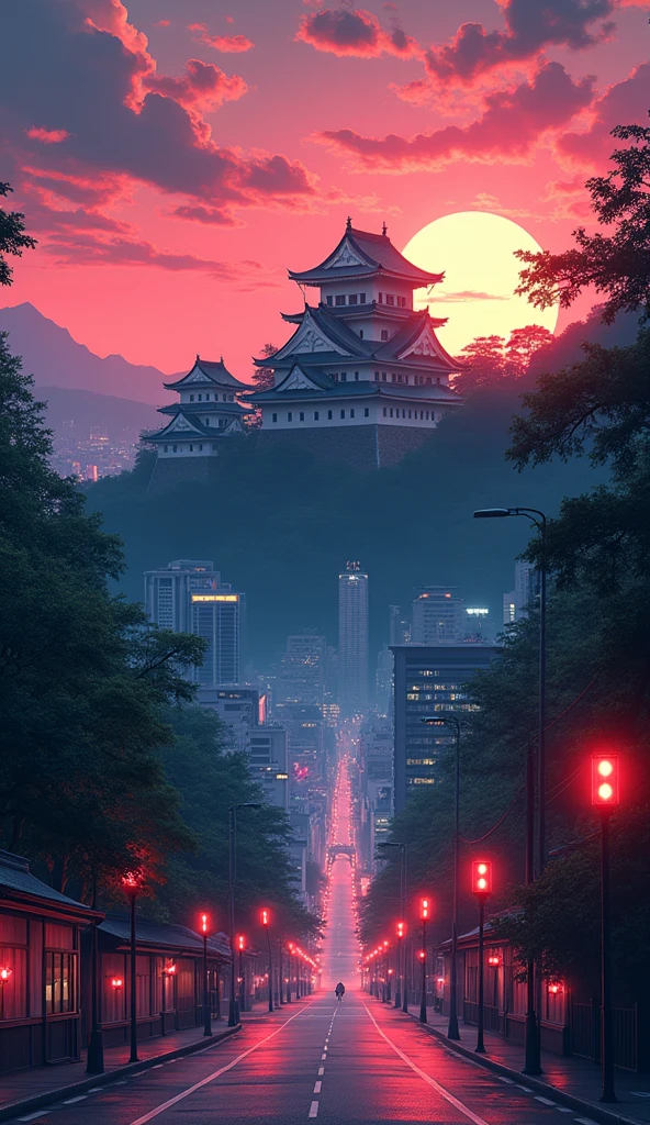 Under the sunset-tinted sky、Lush tree々Traditional Japanese castle surrounded by。In the foreground, a modern cityscape spreads out.、I see red traffic lights and road signs。In the style of director Makoto Shinkai、Draw a beautiful scene where history and modernity come together。」4k、8kHigh quality、delicate、High resolution