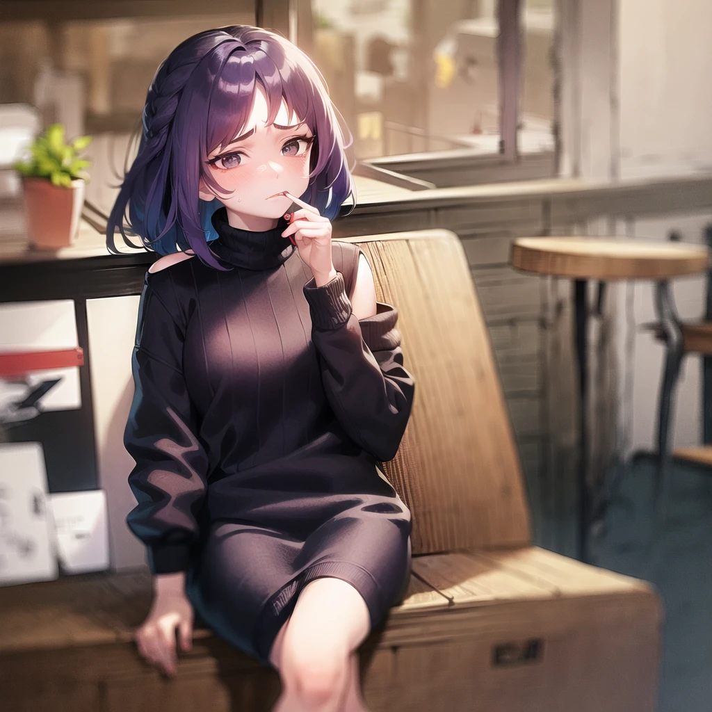 ((best quality)), ((masterpiece)), (detailed), 1girl, off-shoulder sweater, ((a girl who is smoking and looks depressed and annoyed)), ((cigarette smoke)), (purple hair), (black eyes), (white skin), (in the middle of the night in a cafe on the side of the road), ((red cheeks))