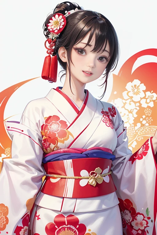 A beautiful young woman wearing brightly colored Japanese clothing、A charming expression、The upper white teeth are visible、(Japanese clothing with red floral pattern on a white background、Bright and vividly colored kimono)、((SeaArt creates beautiful women in kimono))、Beautiful full body style、background、Shrine in Kyoto, Japan、The atmosphere is like that of a Japanese Ukiyo-e painting.、
