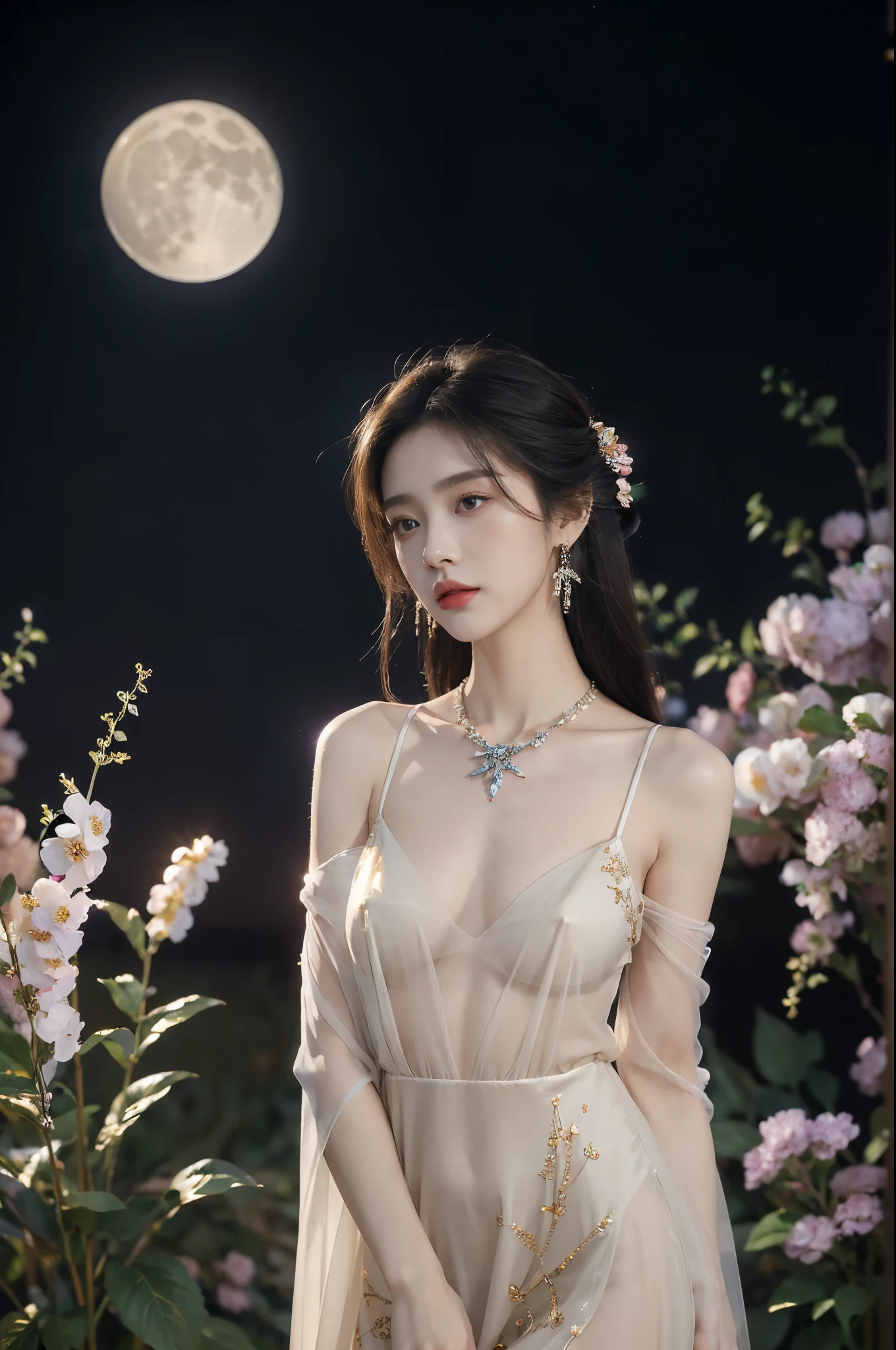 (((best quality))),(((ultra detailed))),(((masterpiece))),illustration,((1 beautiful girl,solo)),(long straight bob:0.8),((earrings,crystal necklace)),((slim,thin)),((small breasts,flat chest)),(stockings:1.3),(a gigantic moon in the clear night sky as the background:1.3), gentle glow,(Standing in the world full of vibrant flowers:1.3),(gorgeous sheer Chinese dress:1.3),sparkling eyes,graceful,(surrounded by colorful flowers:1.3), kaleidoscope, shimmer,bright moonlight, delicate petals, fragrance, otherworldly, magical realm, enchantment, tranquility, essence of beauty, peace,(outdoor:1.),(night scene:1.3),((from front,upper body))