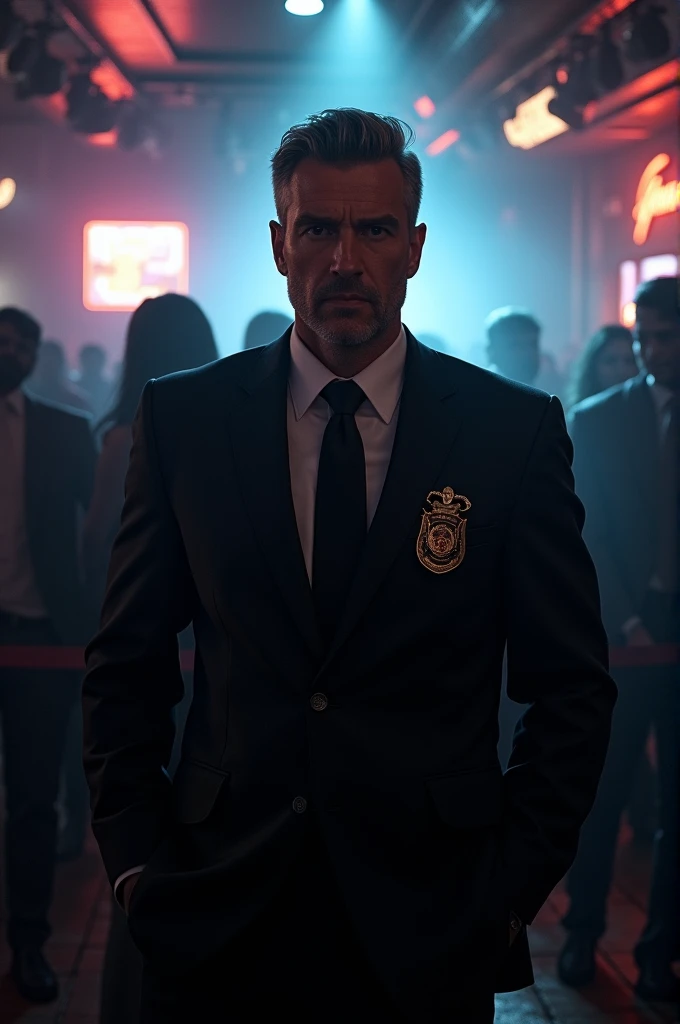 Investigating Officer in a club, whole body with realistic body