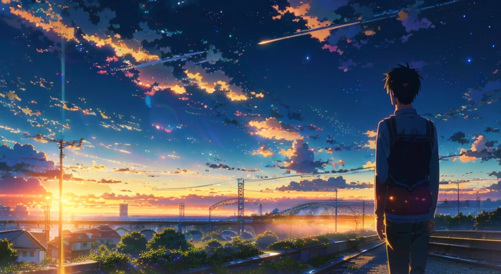Anime scene with train passing under blue sky, anime drawing by Makoto Shinkai, trending on pixiv, magic realism, beautiful anime scene, cosmic sky. by makoto shinkai, ( ( makoto shinkai ) ), by makoto shinkai, anime background art, makoto shinkai style. Detail enhancement, perfect detail processing, huge clouds