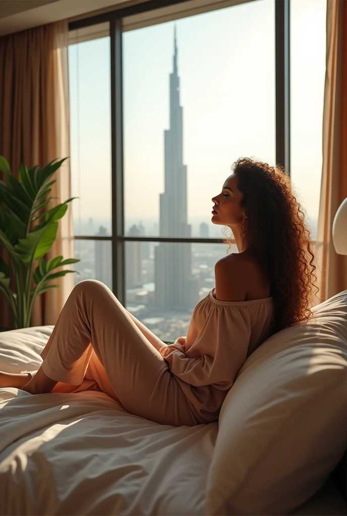 **"A photorealistic scene of a beautiful woman sitting on a bed in a luxurious high-rise apartment in the Burj Khalifa. She’s wearing a loose off-shoulder top and pajama pants, with long curly hair cascading around her. The room features soft, warm lighting and is decorated with elegant furnishings and indoor plants. Through the large windows, the expansive cityscape of Dubai is visible, with the iconic Burj Khalifa towering above the bustling city. Capture the intricate details of her relaxed pose and the contrast between the cozy indoor space and the vibrant city lights outside."**
