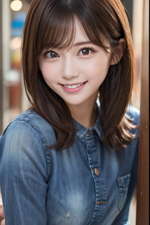 woman,2,Brown Hair,Casual denim style,Bright smile,Big eyes,Charm,cheerful and energetic,Natural Body,Small and delicate,whole body,A bit clumsy