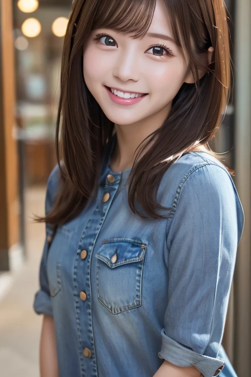woman,2,Brown Hair,Casual denim style,Bright smile,Big eyes,Charm,cheerful and energetic,Natural Body,Small and delicate,whole body,A bit clumsy
