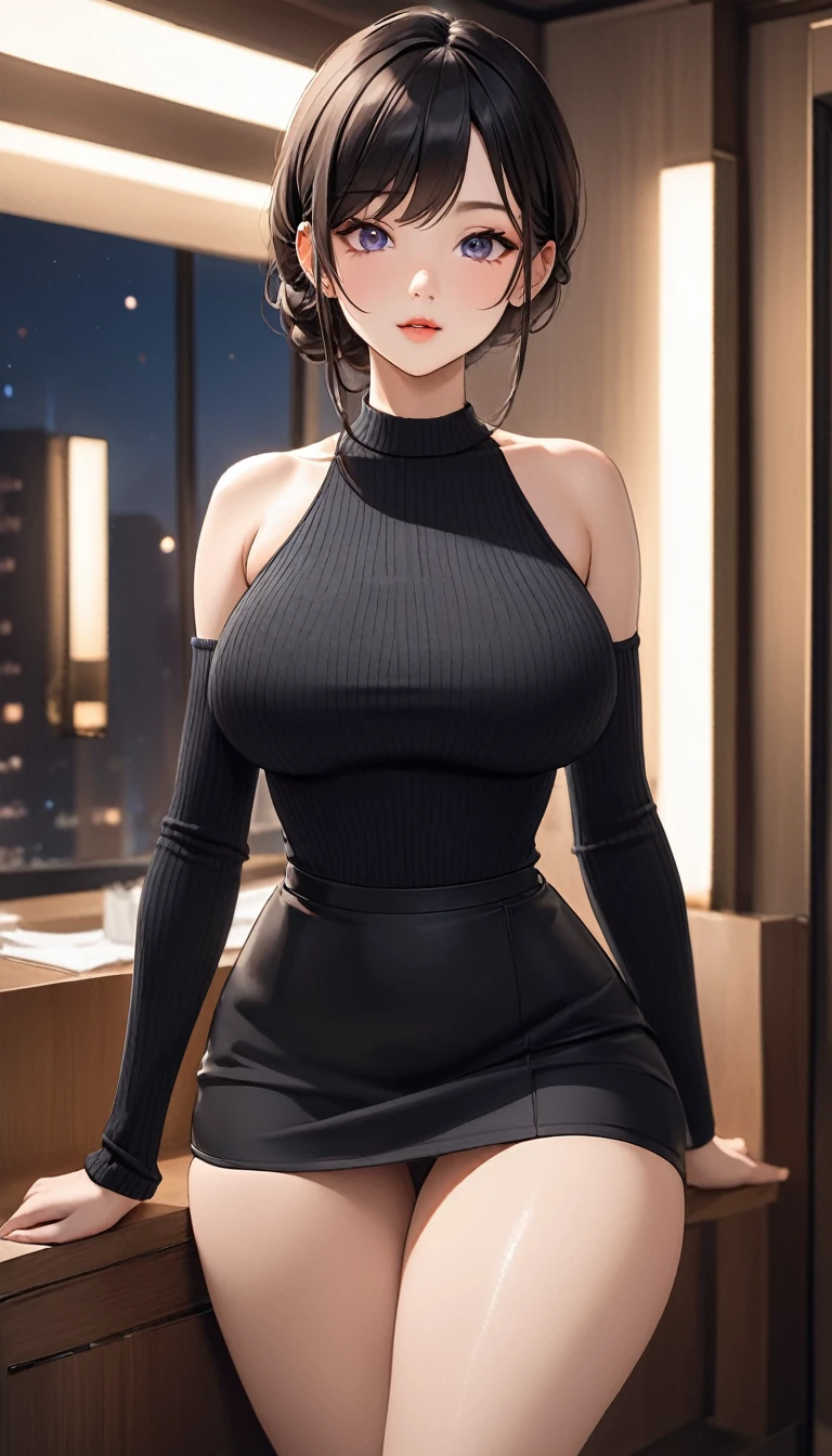 masterpiece, high resolution, beautiful woman, Korean Beauty, 30 years old, black sleeve less sweater, mini pencil skirt, beautiful woman, night hotel, standing and looking at me, high resolution face, (high resolution eyes), black hair, little curvy, big breast