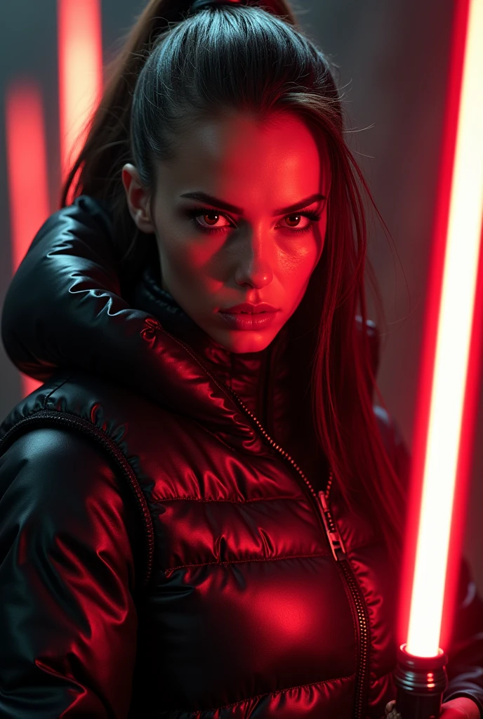 a slim ponytail angry sith wielding her bright lightsaber, she is fighting in room full of jedi,beautiful detailed bright red-colored eyes,beautiful freckles,beautiful detailed lips,extremely detailed eyes and face,longeyelashes, wearing beautiful detailed skintight airtight covering-head hooded armored formfitting duvetica overfilled overinflated shiny hyper gleamy thick hyper glossy puffervest covering over her padded high-collared pufferjacket, glossy latex leggings,symmetrical,masterpiece,cinematic,lifelike,hyperrealistic,8k,photorealistic,highly detailed,intricate,exquisite,elegant,beautiful,stunning