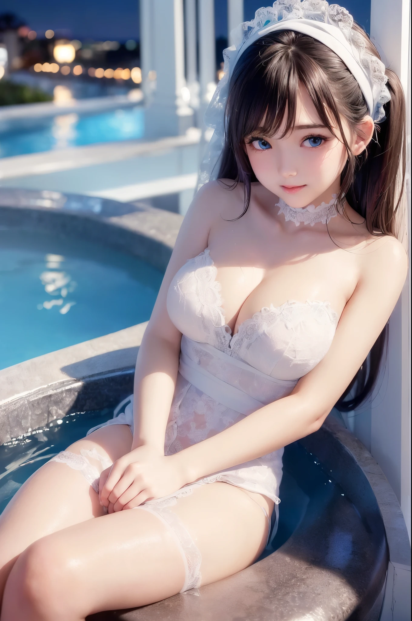 ((masterpiece)), ((highest quality、Ultra high definition)), (Very detailed),((8k、Photo quality))、((Amazingly cute girl))、(1 girl,)、Two people, , (Beautiful emerald blue eyes), ((smile)),((A luxurious Japanese-style open-air bath at a high-class hotel)), Beautifully arranged black hair in twin tails、Slim Body、(Cute little breasts)、(((They are wearing a white bath towel wrapped around their body.)))、Professional Lighting、(White lace knee-highore detailed and beautiful)、(More details and cutenesore realistic)、((Just wear light clothing))、Frolic in the pool、(Too cute)、(The embodiment of cuteness)、(Godly cuteness)、((Night view))、((It seems visible but it&#39;s not))、