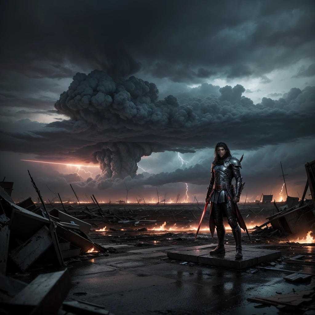 "A lone warrior with a fierce expression, armed with a gleaming sword, stands amidst a devastated battlefield. He is surrounded by debris and remnants of war, with fallen bodies around him. In the background, a stormy sky in shades of gray and red, lit by lightning, creates an atmosphere of chaos and impending destruction. The image should convey a sense of extreme tension and internal conflict, symbolizing both physical and mental struggle. The words 'Holy Wars... The Punishment Due' and 'Megadeth' are subtly yet powerfully integrated with a metallic font to emphasize the intensity and theme of the song."