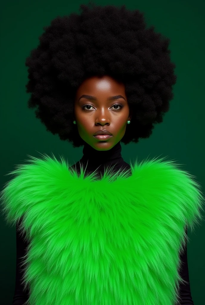 Woman's face - In the center of the image is the face of a black woman with afro hair.Green Fluffy Outfit - The woman is wearing an outfit made of green fluffy material, styled like a dress.Black attire - The woman's upper body is dressed in black, providing a striking contrast to the bright green dress.Expression - The woman's expression is serious and gives a strong impression.Background - The background is a dark green color, allowing the woman's face and outfit to stand out.Overall Mood - Overall, this image represents a modern, creative style that might be used in the fashion or art field.