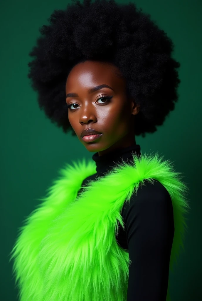 Woman's face - In the center of the image is the face of a black woman with afro hair.Green Fluffy Outfit - The woman is wearing an outfit made of green fluffy material, styled like a dress.Black attire - The woman's upper body is dressed in black, providing a striking contrast to the bright green dress.Expression - The woman's expression is serious and gives a strong impression.Background - The background is a dark green color, allowing the woman's face and outfit to stand out.Overall Mood - Overall, this image represents a modern, creative style that might be used in the fashion or art field.