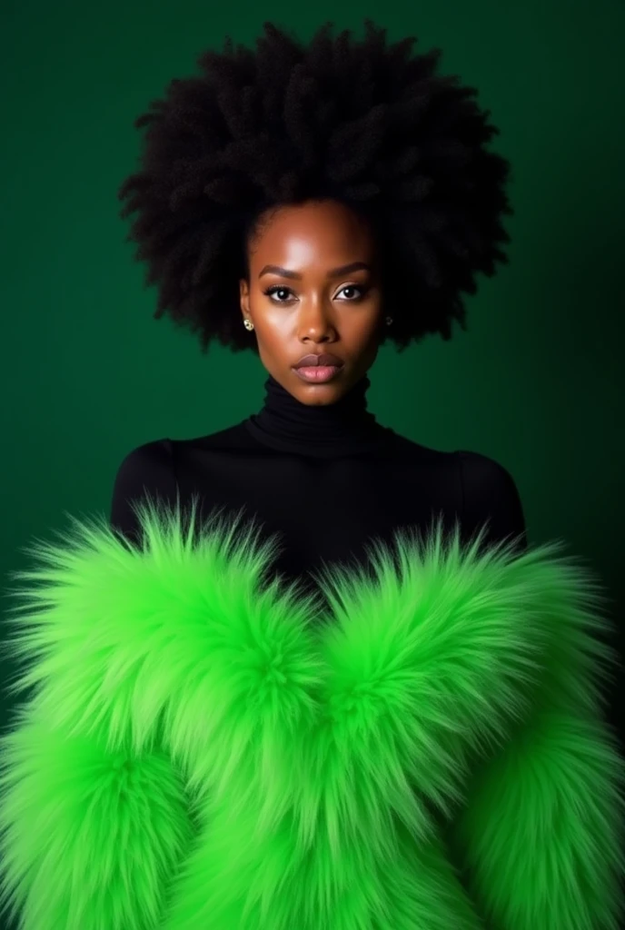 Woman's face - In the center of the image is the face of a black woman with afro hair.Green Fluffy Outfit - The woman is wearing an outfit made of green fluffy material, styled like a dress.Black attire - The woman's upper body is dressed in black, providing a striking contrast to the bright green dress.Expression - The woman's expression is serious and gives a strong impression.Background - The background is a dark green color, allowing the woman's face and outfit to stand out.Overall Mood - Overall, this image represents a modern, creative style that might be used in the fashion or art field.