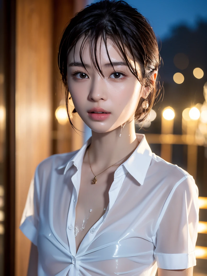masterpiece:1.2, Very detailed, Ultra-high resolution, Realistic, photo Realistic:1.6, High-resolution RAW color photos, Professional photos, Sharp focus:1.2, Very detailed顔と肌の質感, Very beautiful eyes, Glossのある肌, Glowing Skin, Glowing Skin, Shining Face, Gloss, Oily skin, greasy face, Oily skin, greasy face,, real Glossのある肌 texture, Perfect Anatomy, Very detailed背景,(Luxury resort room at night)),1 female,2 woman, Japanese women,height: 168cm,short hair, Straight hair, bangs, Brown Hair,((Flat Chest:1.6)), (See-through white short-sleeved collared shirt),(A wet and very transparent shirt:1.6),(Open shirt:1.2),Luxury earrings、Luxury Necklace、A wet and very transparent shirt、A wet and very transparent shirt、Invite to sex