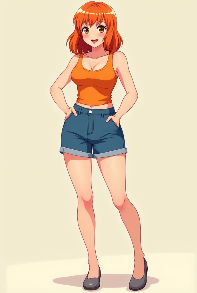 a cartoon girl, anime girl, cell shaded adult animation, shorts, orange hair, solo, short hair, smile, full body, 4k hd, legs visible, tall, blue shorts and an orange tank, brown eyes, 1girl, in grey Flats, 4k hd, big breasts