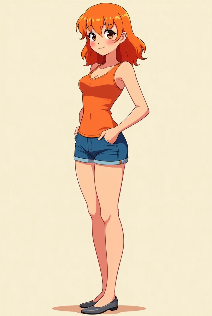 a cartoon girl, anime girl, cell shaded adult animation, shorts, orange hair, solo, short hair, smile, full body, 4k hd, legs visible, tall, blue shorts and an orange tank, brown eyes, 1girl, in grey Flats, 4k hd, big breasts