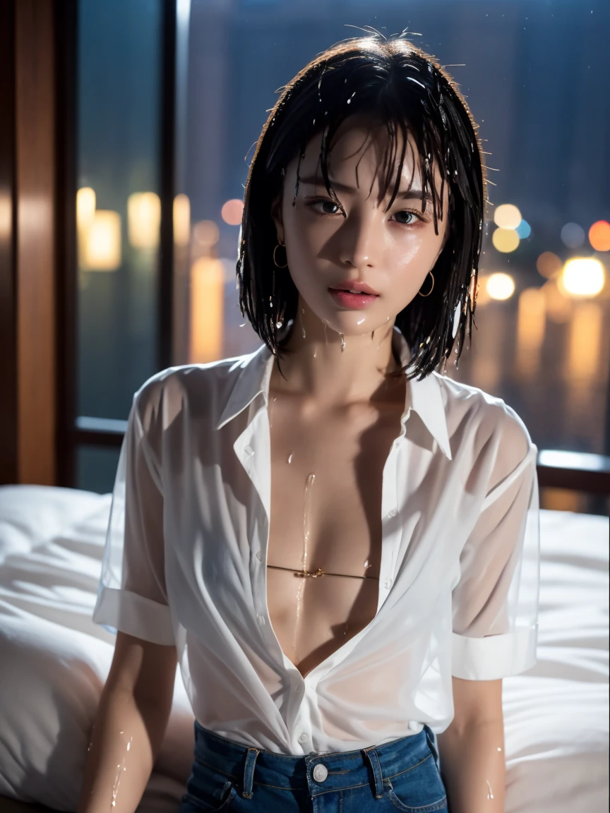 masterpiece:1.2, Very detailed, Ultra-high resolution, Realistic, photo Realistic:1.6, High-resolution RAW color photos, Professional photos, Sharp focus:1.2, Very detailed顔と肌の質感, Very beautiful eyes, Glossのある肌, Glowing Skin, Glowing Skin, Shining Face, Gloss, Oily skin, greasy face, Oily skin, greasy face,, real Glossのある肌 texture, Perfect Anatomy, Very detailed背景,(Luxury resort room at night)),1 female,2 woman, Japanese women,height: 168cm,short hair, Straight hair, bangs, Brown Hair,((Flat Chest:1.6)), (See-through white short-sleeved collared shirt),(A wet and very transparent shirt:1.6),(Open shirt:1.2),Luxury earrings、Luxury Necklace、A wet and very transparent shirt、A wet and very transparent shirt、Invite to sex
