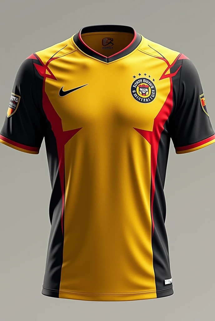 Away football uniform of a team called DELTA fc and its colors are gold , black with red details , Inspired by Bogota, Colombia created in 2023 Image from both front and back