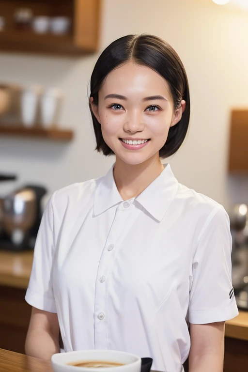 ((sfw: 1.4)),((detailed face, professional photography)), ((sfw, barista uniform,forehead, pulled back hair, 1 Girl)), smile, Ultra High Resolution, (Realistic: 1.4), RAW Photo, Best Quality, (Photorealistic Stick), Focus, Soft Light, ((20 years old)), ((Japanese)), (( (young face))), (surface), (depth of field), masterpiece, (realistic), woman, bangs, ((1 girl))