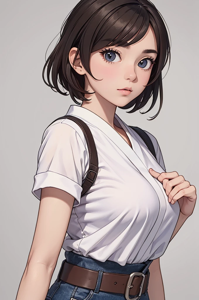 (((masterpiece, best quality, ultra highres, 1 girl, solo, no background))), super detailed skin and face and eyes and finger, beautiful japanese woman, small breasts:1.5, skinny, light brown hair, very short hair,pixie haircut, cowboy shot, white background, 2D anime, boyish, expressionless, Various clothes, Various poses, Please draw the entire character within the frame, ensuring that the head, arms and legs are not cut off, with the character positioned centrally,