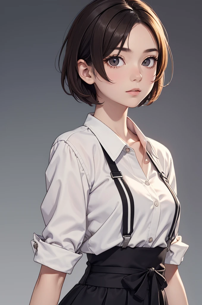 (((masterpiece, best quality, ultra highres, 1 girl, solo, no background))), super detailed skin and face and eyes and finger, beautiful japanese woman, small breasts:1.5, skinny, light brown hair, very short pixie hair, cowboy shot, The background should be simple, outline, anime, 2d, boyish, expressionless, cartoon, casual dress,