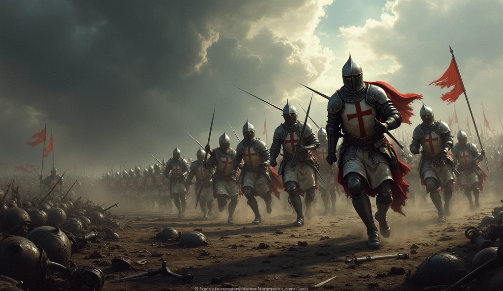 A fierce battle scene with Templar knights charging towards the enemy on a vast battlefield. The sky is dark with storm clouds, and the ground is littered with debris from the battle. The knights are shown in action, their swords raised, banners flying, and the iconic red cross visible on their armor