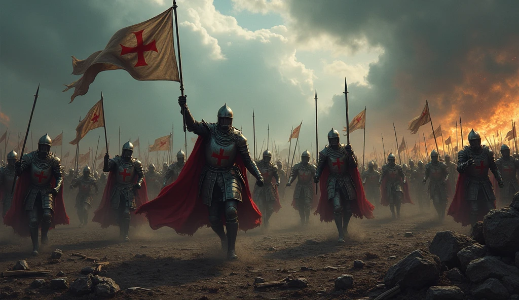 A fierce battle scene with Templar knights charging towards the enemy on a vast battlefield. The sky is dark with storm clouds, and the ground is littered with debris from the battle. The knights are shown in action, their swords raised, banners flying, and the iconic red cross visible on their armor