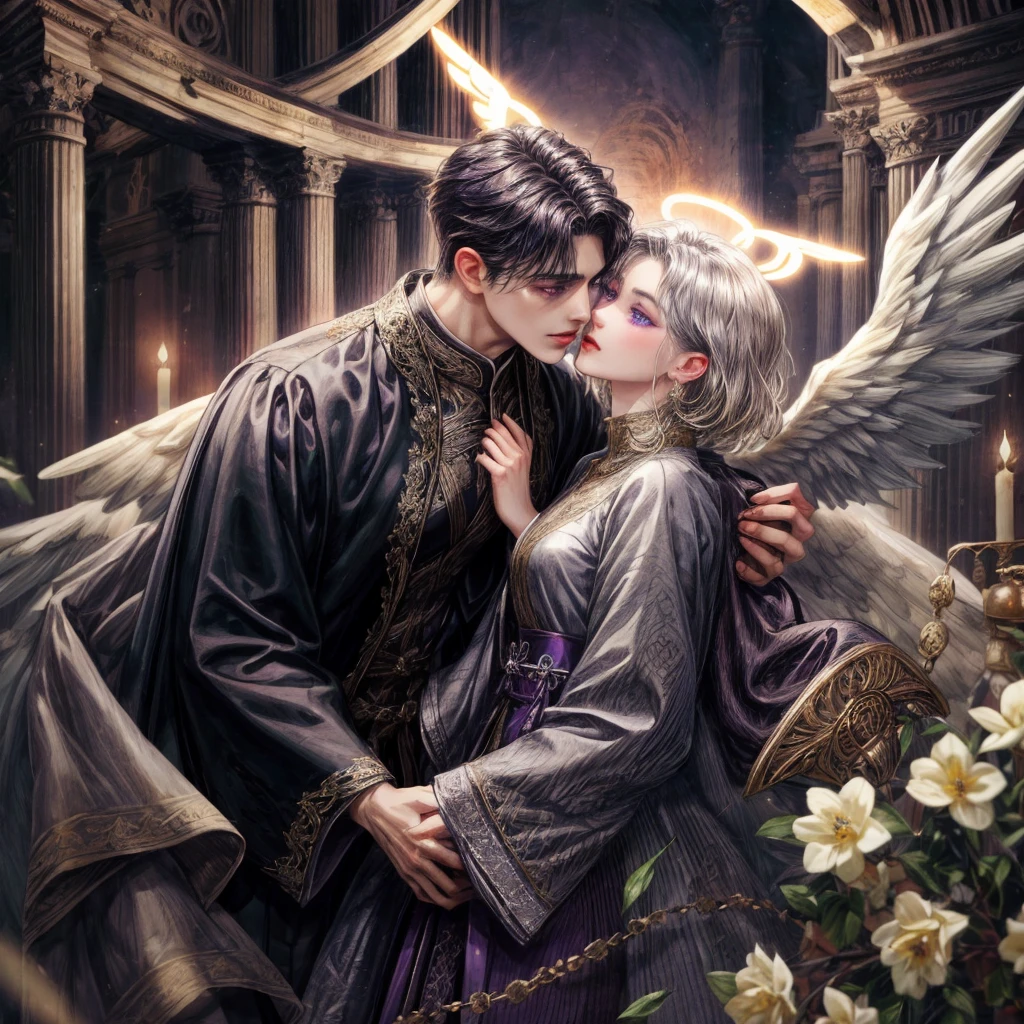 A man with dark medium hair, dark purple eyes, , have a dark wings, wear an ancient clothes, and wear a dark halo

And another man with blonde short hair, silver eyes long lashes, have angels wings, wear an ancient clothes and wear a angels halo

Couples kissing BL