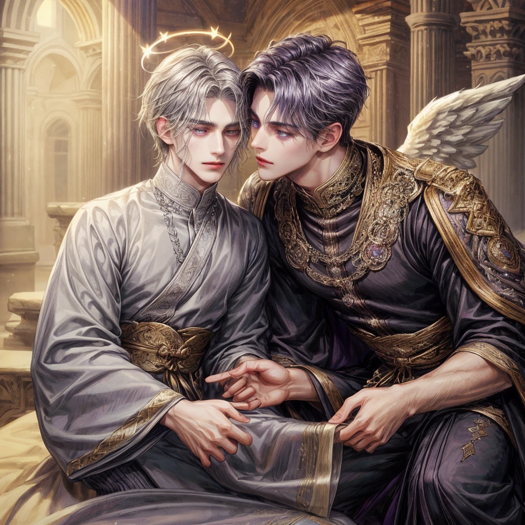 A man with dark medium hair, dark purple eyes, , have a dark wings, wear an ancient clothes, and wear a dark halo

And another man with blonde short hair, silver eyes long lashes, have angels wings, wear an ancient clothes and wear a angels halo

Couples kissing BL