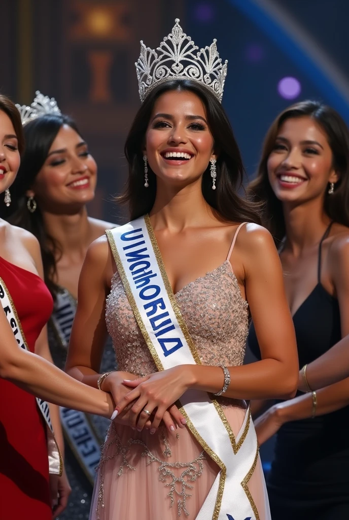 Miss Indonesia cry because win Miss universe little with sash Miss universe and crown and get hug from other participant

Tearfully

Full pict


Indonesian look