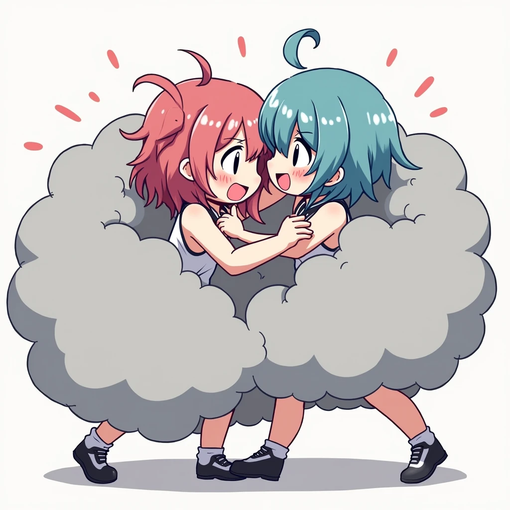 An anime-style illustration depicting idols playfully wrestling with each other inside a gray comical fight cloud.
each idol has different colored hair.
their faces,hands,and feet are visible emerging from the cloud as they tussle humorously, with the rest of their bodies completely hidden inside the cloud.
the illustration emphasizes the humorous and energetic nature of their scuffle,with a fluffy andexaggerated fight cloud.